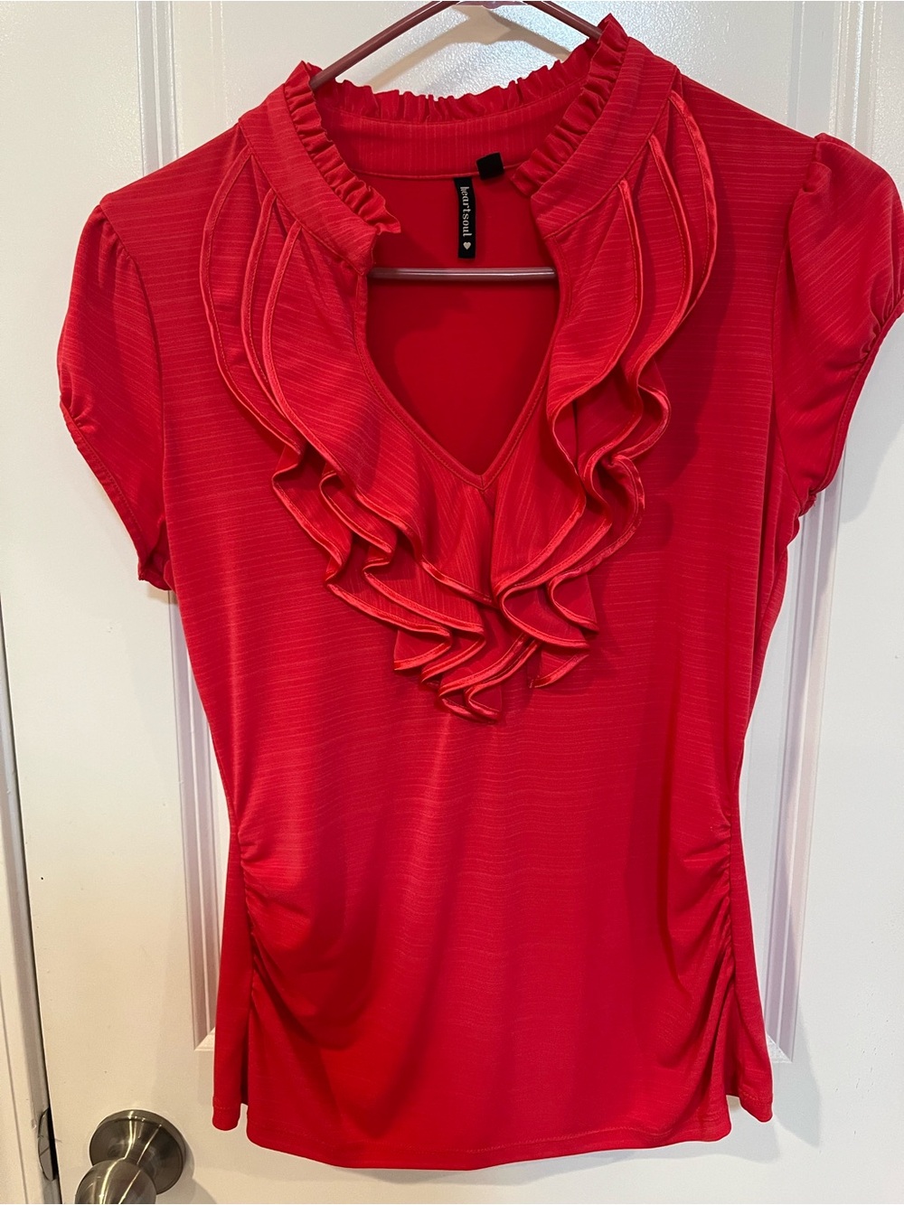 Heart Soul Ruffled V-Neck Short Sleeve Blouse in Red
